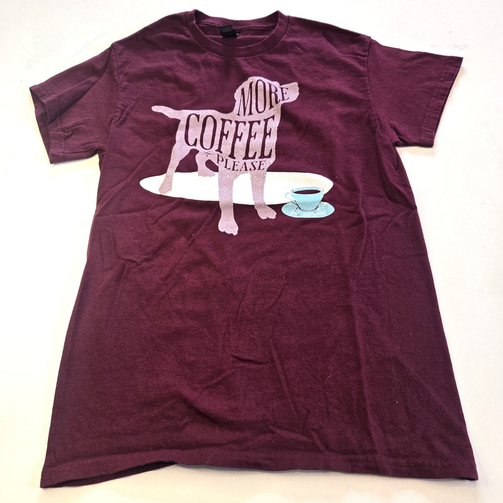 More Coffee Please with Dog Graphic Maroon Tee Womens Small